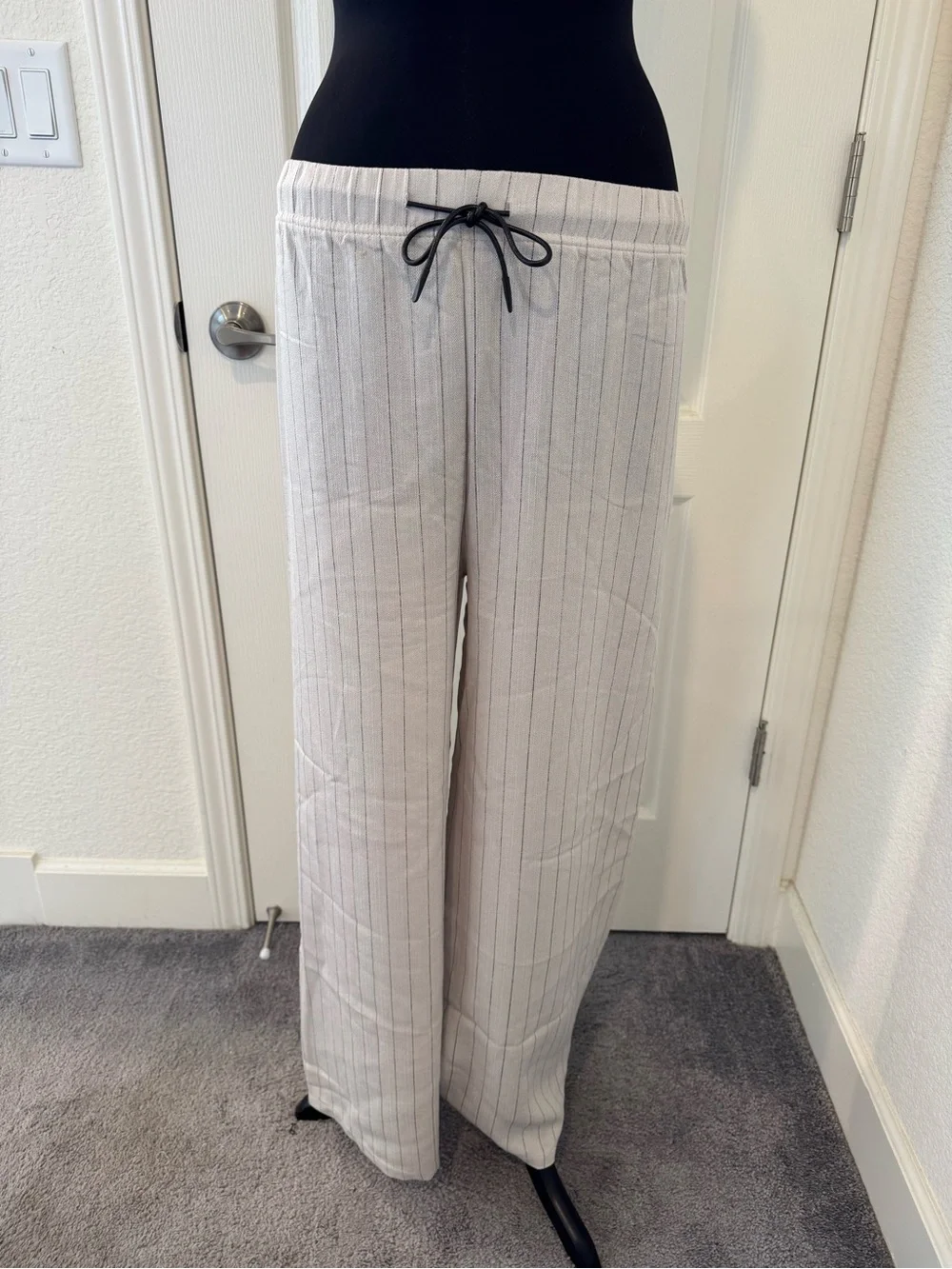 Relaxed Fit Drawstring Lounge Pants — Light Gray Pinstripe